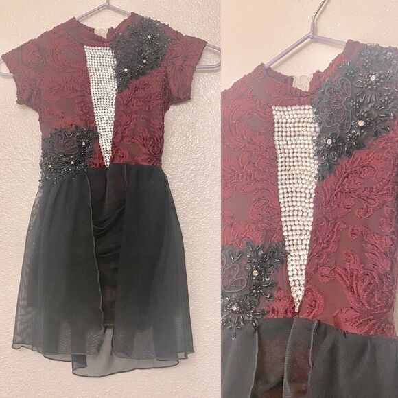 Custom solo Dance Costume burgundy velvet burnout rhinestoned dress IC/MC - Picture 1 of 12